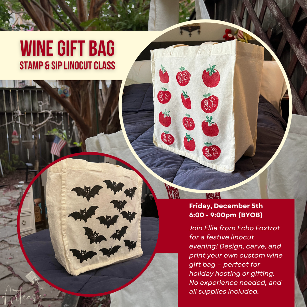 Holiday Host Gift Covered! | Wine Gift Bag Stamp & Sip Linocut Class (December 5)