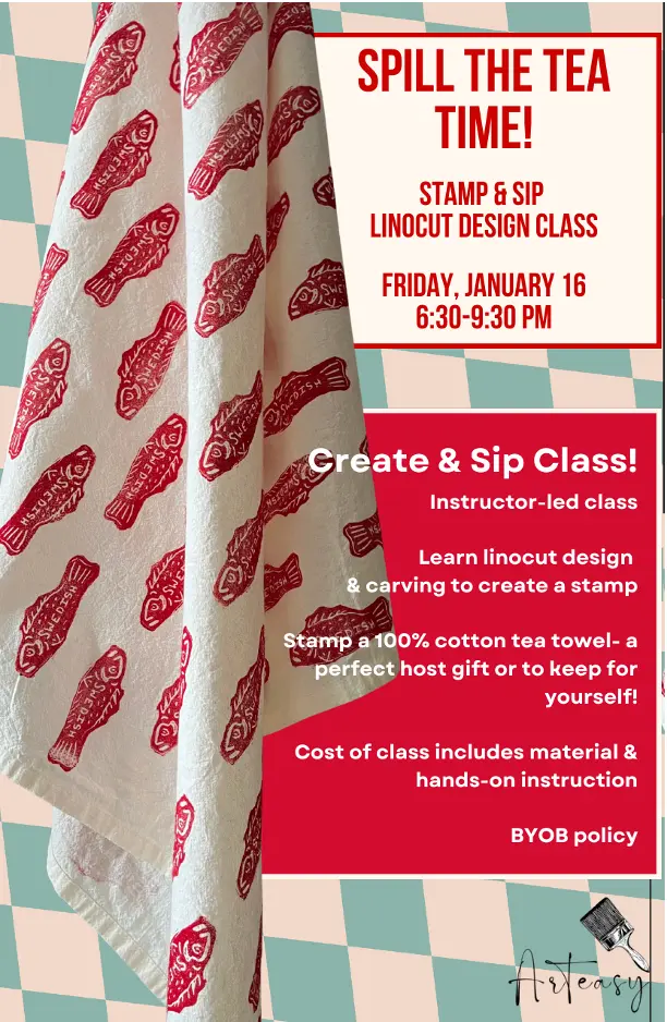 Spill the Tea Time! Linocut Carving & Tea Towel Stamp Class (January 16)